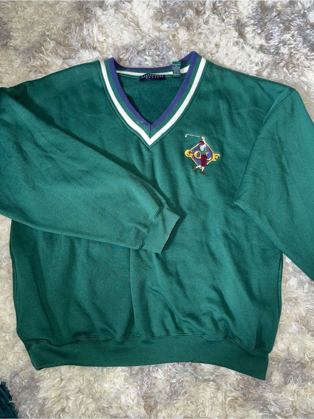Men's Green V-Neck Golf Sweater with Striped Trim